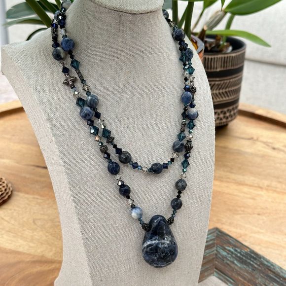 Sodalite Stone Pendant Crystal Beaded Double Strand Sterling Silver Necklace 11" - Picture 7 of 13